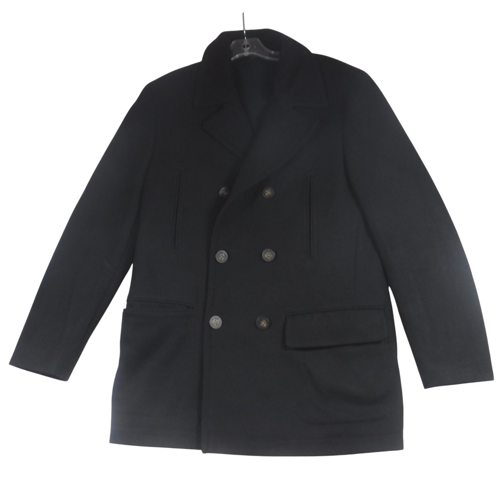 Lauren Pea Coat Mens 38R Black Double Breasted Wool Blend Plaid Lining Classic